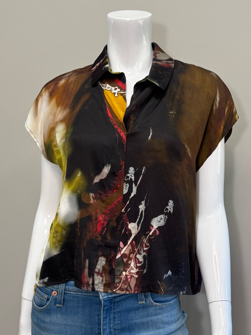 Lola & Sophie Black Multi Abstract Print Short-Sleeve Button Front Collared Top